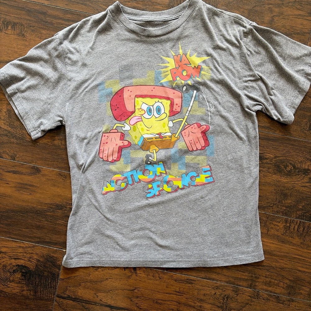 Nickelodeon SpongeBob Crewneck Tee - Gray with Yellow & Pink